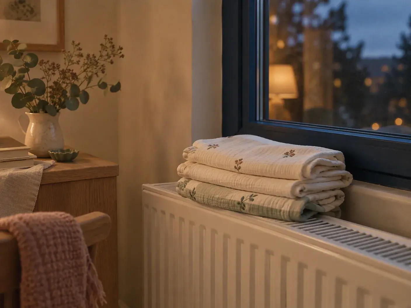 Folded cream muslins warming on a radiator, a window dark with evening behind them