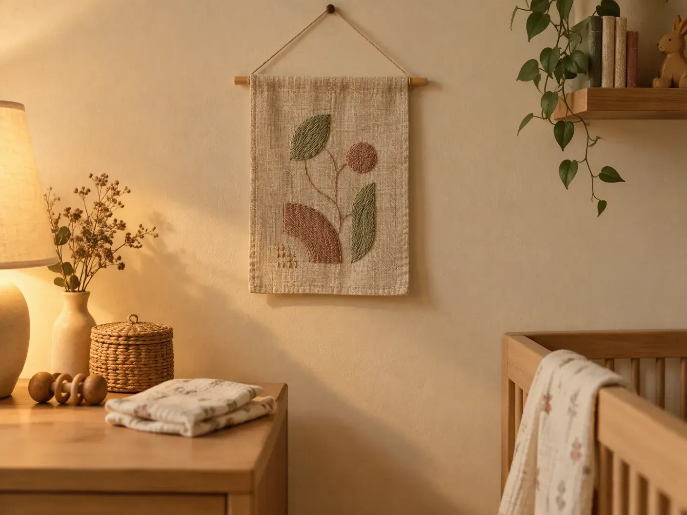 A small embroidered linen cloth hanging on a nursery wall in the warm light of a lamp