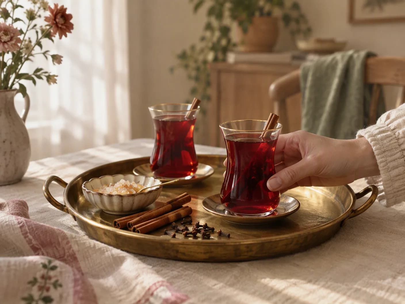 Tepside ince belli bardaklarda kıpkırmızı loğusa şerbeti, yanında tarçın çubukları ve karanfil