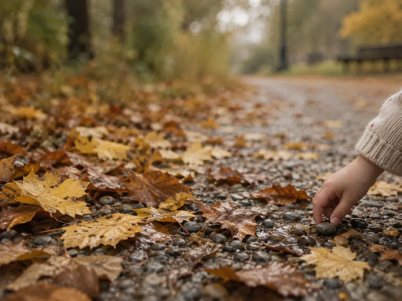 Islak park yolunda sarı ve kahverengi yaprakların arasında gri çakıl taşları, küçük bir el bir taşa uzanıyor