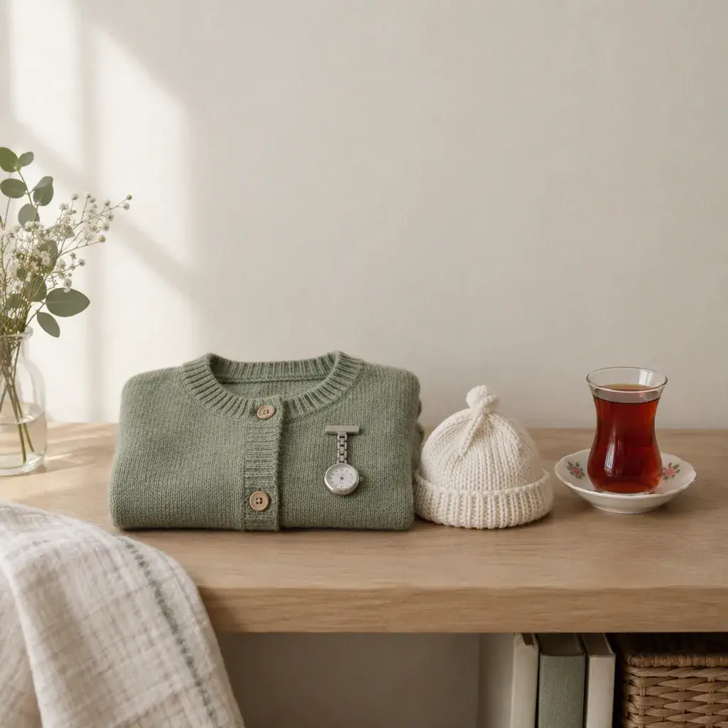 Temporary image for Damla Nur Bozkaya: a folded sage cardigan with a nurse’s watch pinned to it on an oak shelf, a small cream knitted baby hat and a glass of tea beside it