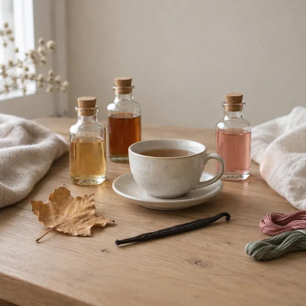 Temporary image for Kristina Çelik: three small cork-stoppered bottles in honey, amber and rose tones on an oak table, a cup of tea, a dry autumn leaf and a vanilla pod