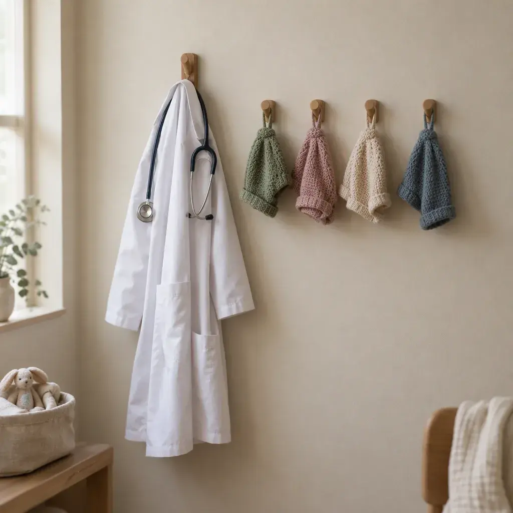 Temporary image for Meliha Özyalvaç: a white doctor’s coat with a stethoscope on a hook, four small knitted hats in different colours on four little hooks beside it