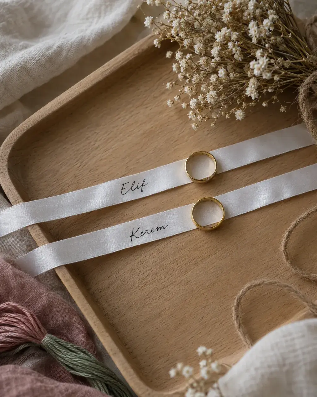 Two slim white satin ribbons with a handwritten-style name on each, laid on a light wooden tray beside two rings and dried flowers