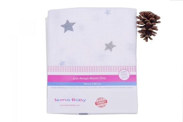 Sema Baby Çok Amaçlı Müslin Örtü 100X80 Cm - Mavi Yıldız 8682476853131 - Image 2