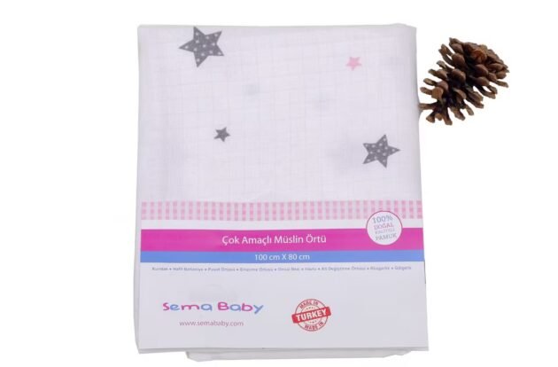 Sema Baby Çok Amaçlı Müslin Örtü 100X80 Cm - Pembe Yıldız 8682476853124 - Image 2