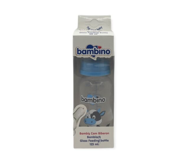 Bambino Desenli Silikon Kiraz Uçlu Cam Biberon 125 Ml - Mavi