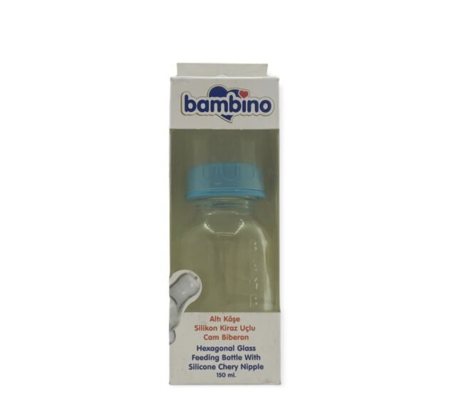 Bambino Altı Köşe Silikon Kiraz Uçlu Cam Biberon 150Ml - Mavi