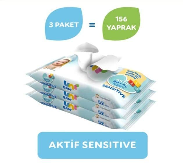 Uni Baby Aktif Sensitive Bebek Islak Mendil 24+ Ay 3X52 Adet - Image 2