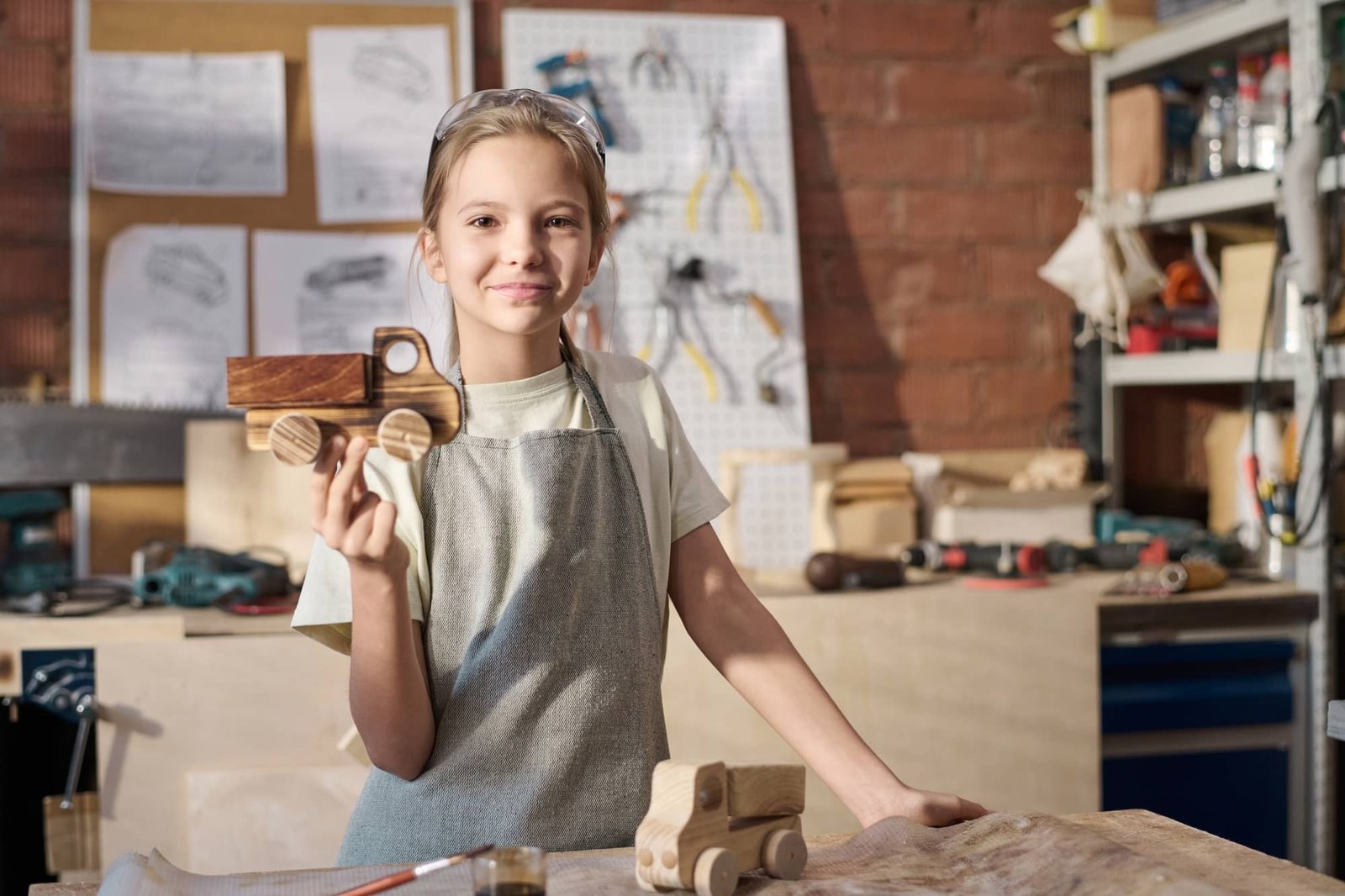 Smiling Girl In Carpentry Workshop Holding Handmade Wooden Toy